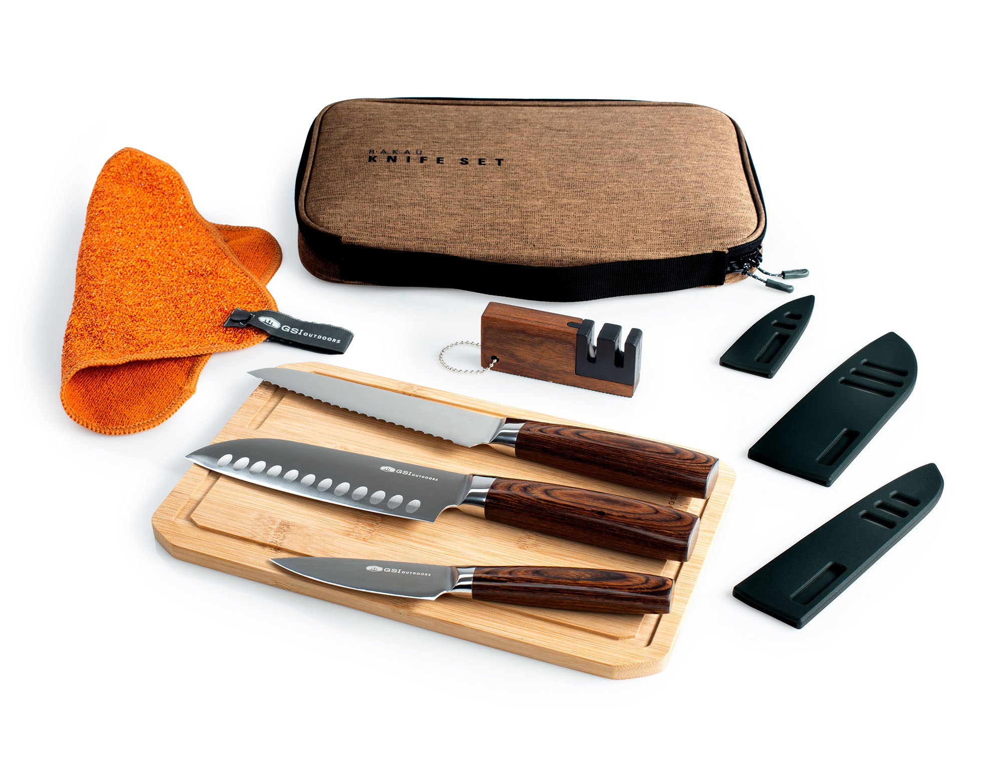 GSI Rakau set 3 couteaux cuisine inox + planche bambou